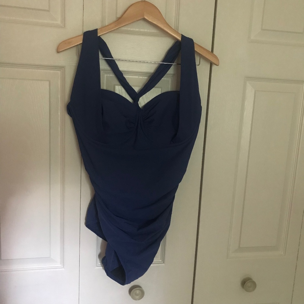 Lands’ End solid blue One Piece Swimsuit padded underwire pinup 18W plus size